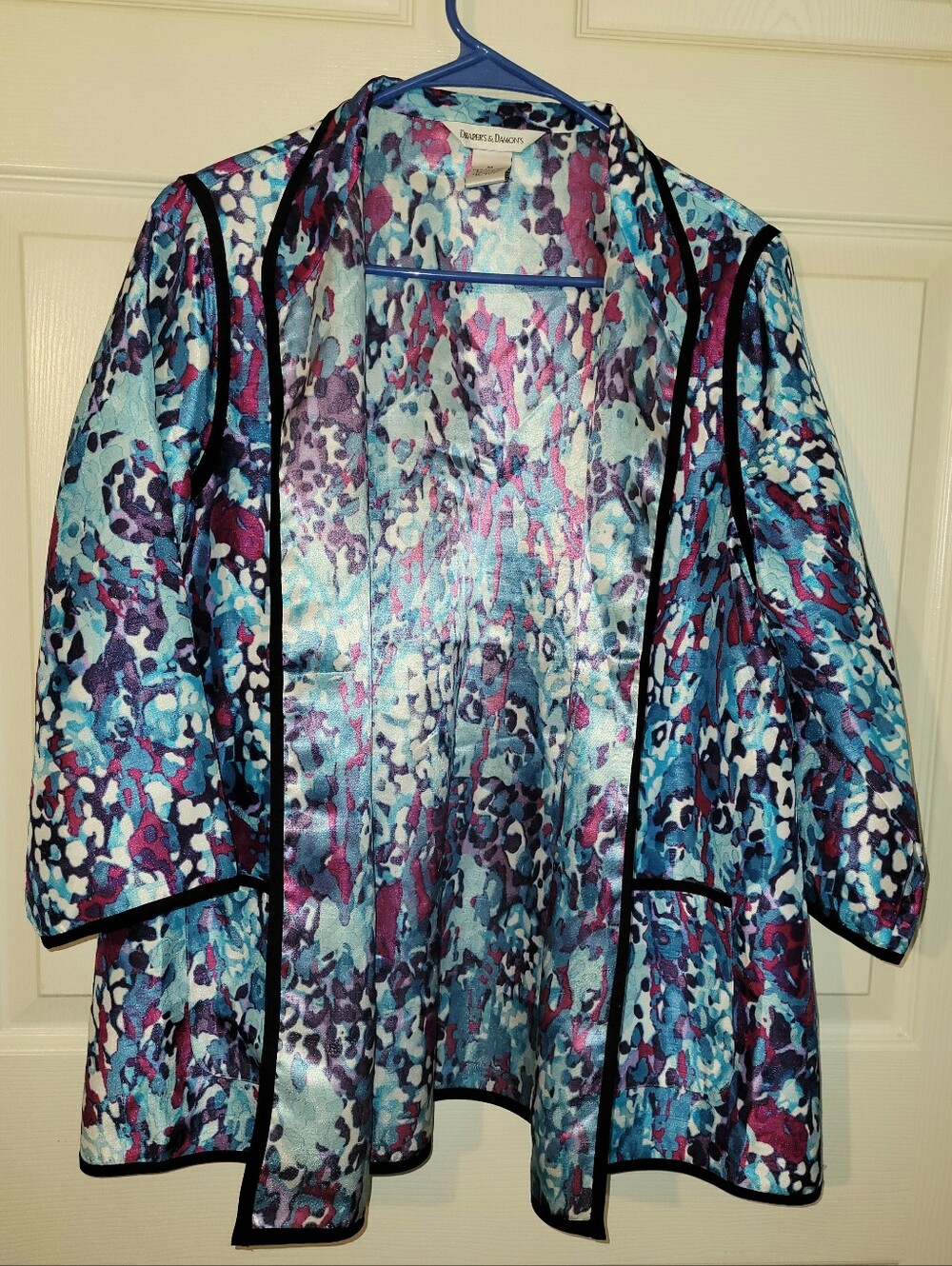Drapers & Damon's Watercolor-print Open-front Jacket Sz Med Teal Purple Blue